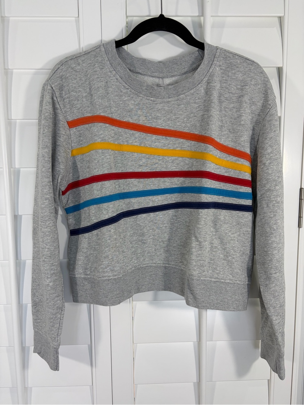Gray Crewneck Sweatshirt with Rainbow Stripes (M)